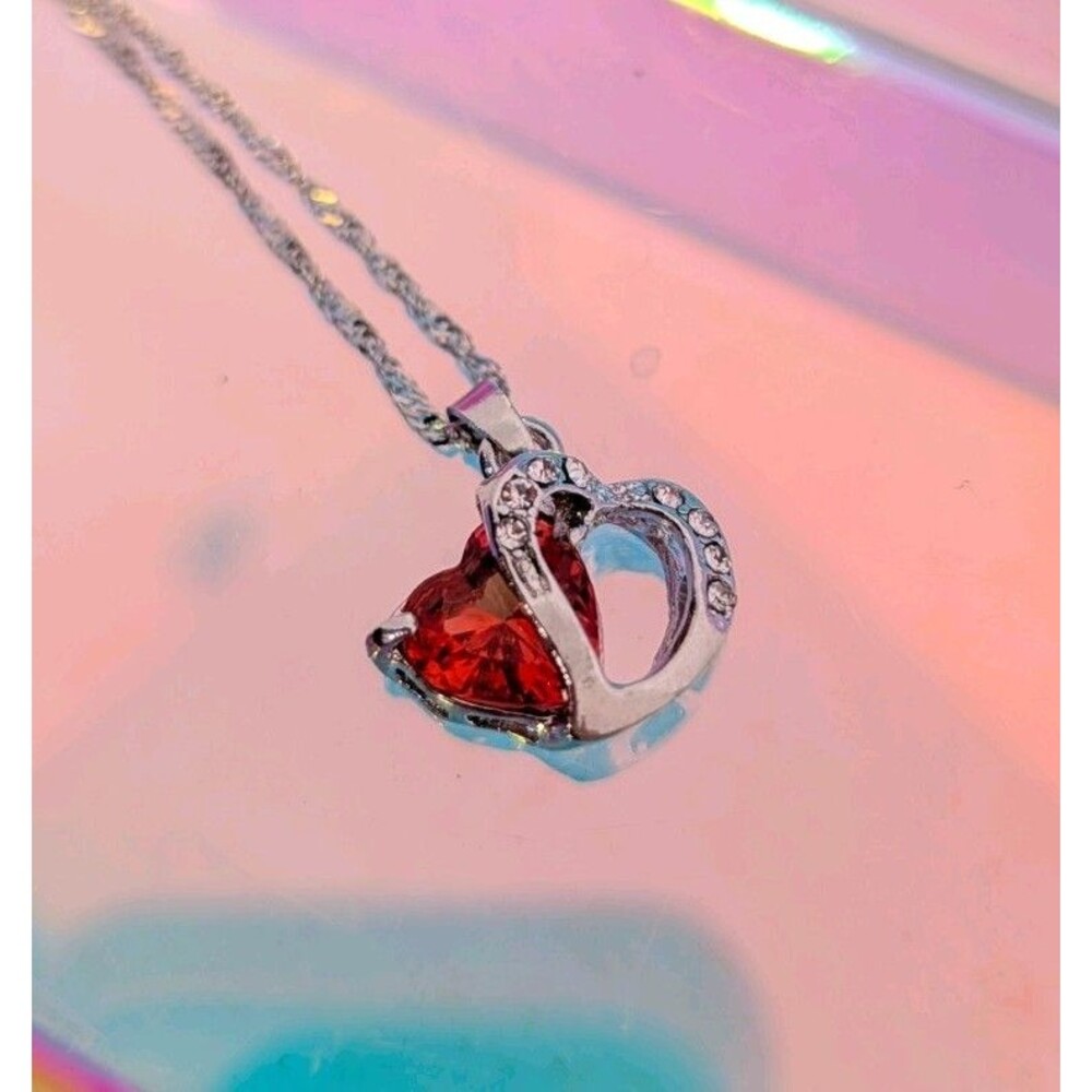 925 Sterling Silver Chain Red Heart Pendant CZ Rhinestone Y2K Romantic Vintage